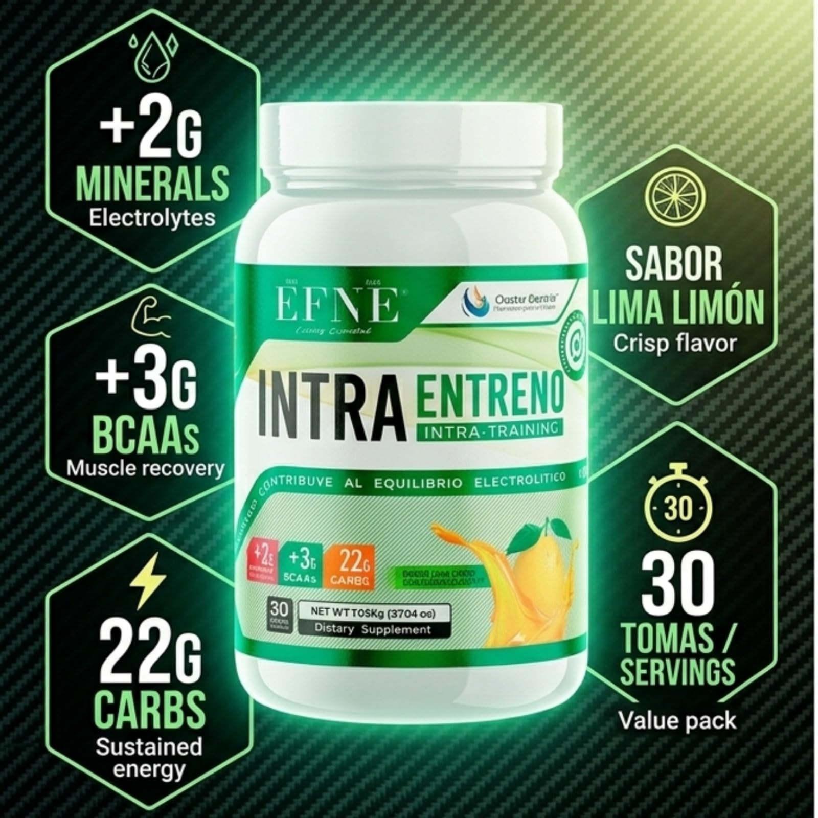 EFNE Intra Entreno Premium 1,05kg Sabor Lima-Limón | Cluster Dextrin + BCAA + Citrulina + Electrolitos | Bebida Intra Workout para Energía Sostenida, Hidratación y Recuperación Muscular | Sin Cafeína