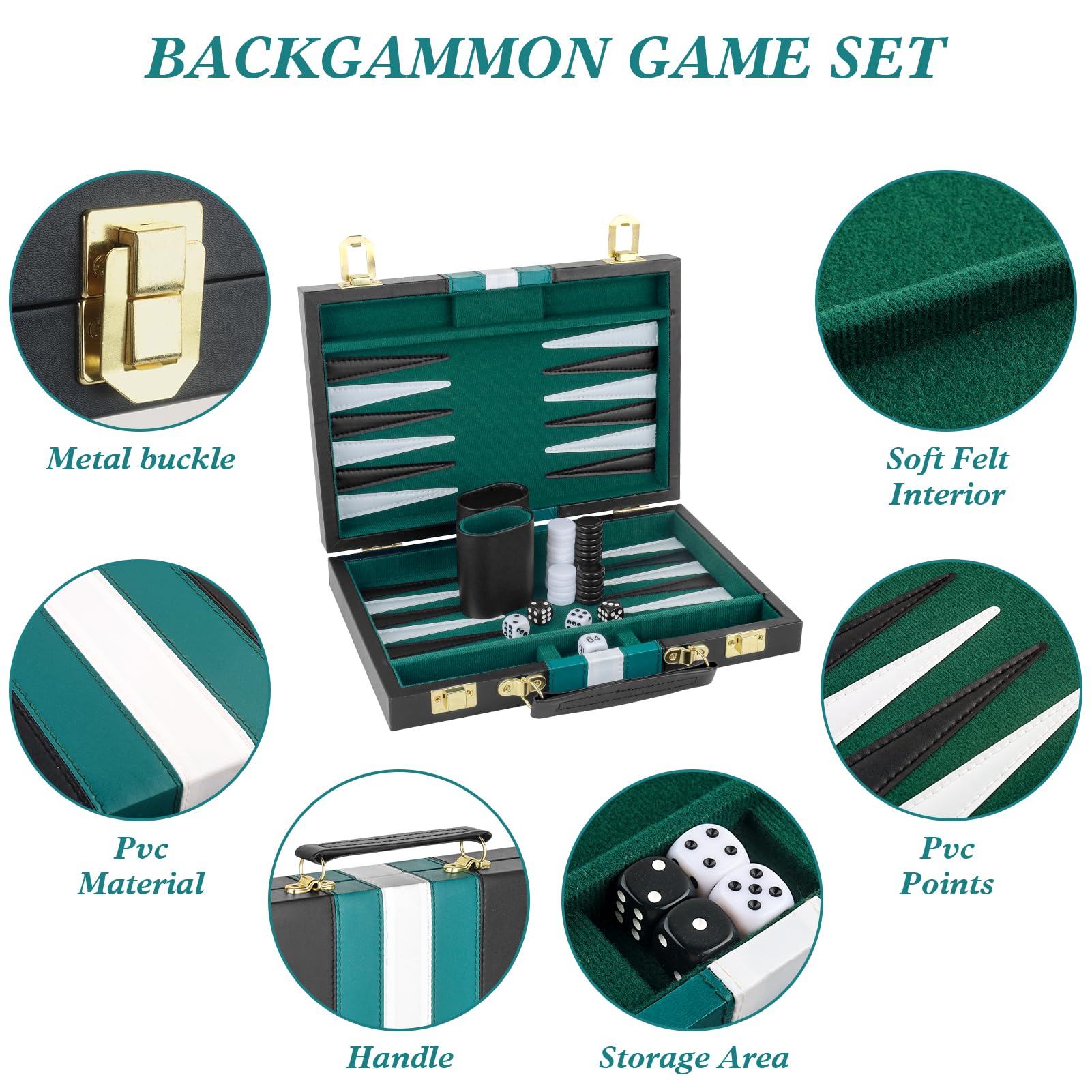 Backgammon - Juego de 2 jugadores de backgammon clásico para adultos, juego de mesa con funda de piel sintética negra, portátil y juego de backgammon de viaje (verde, 11 pulgadas)