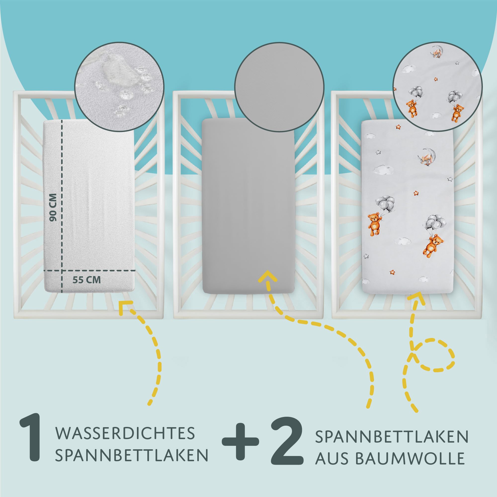 Sheet for Moses Basket Bassinet Crib and Fitted Set of 3: 55x90 cm - Image 2
