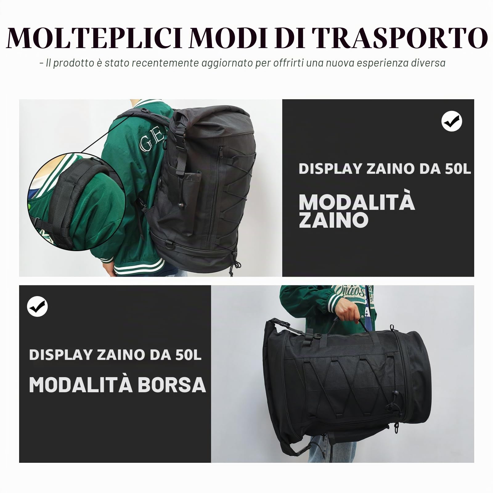 Borsa da viaggio con schienale da moto Sissy Bar Borsa da viaggio di grande capacità Borsa da viaggio espandibile 50L-80L Borsa posteriore con copertura antipioggia e tracolla Misura