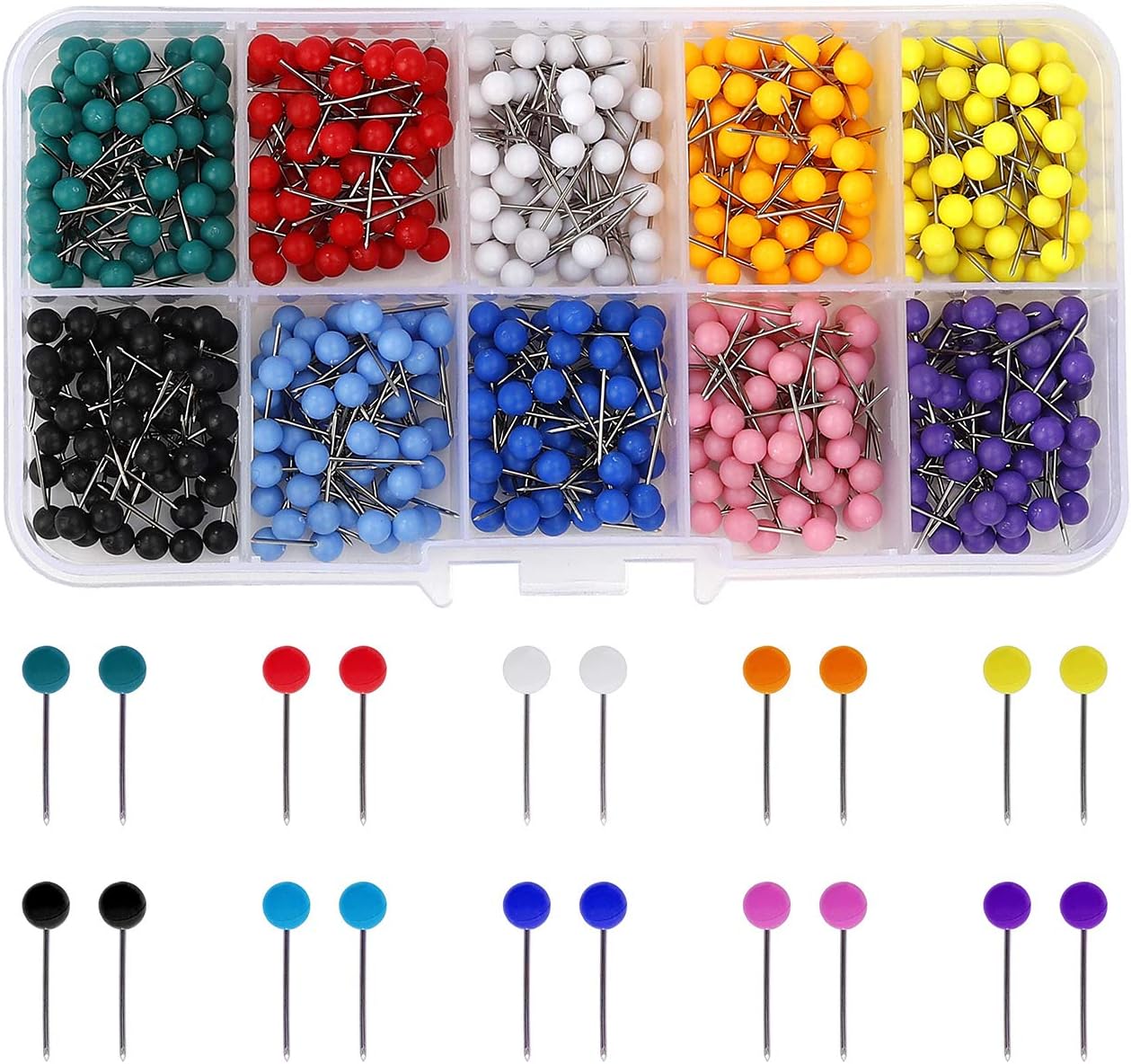 Map of Push Pins and Tacks Round Head Plastic and Steel Needle Points Apply to Mark Places of Interest Routes Addresses 600 Pieces 1/8 Inch 10 Colors