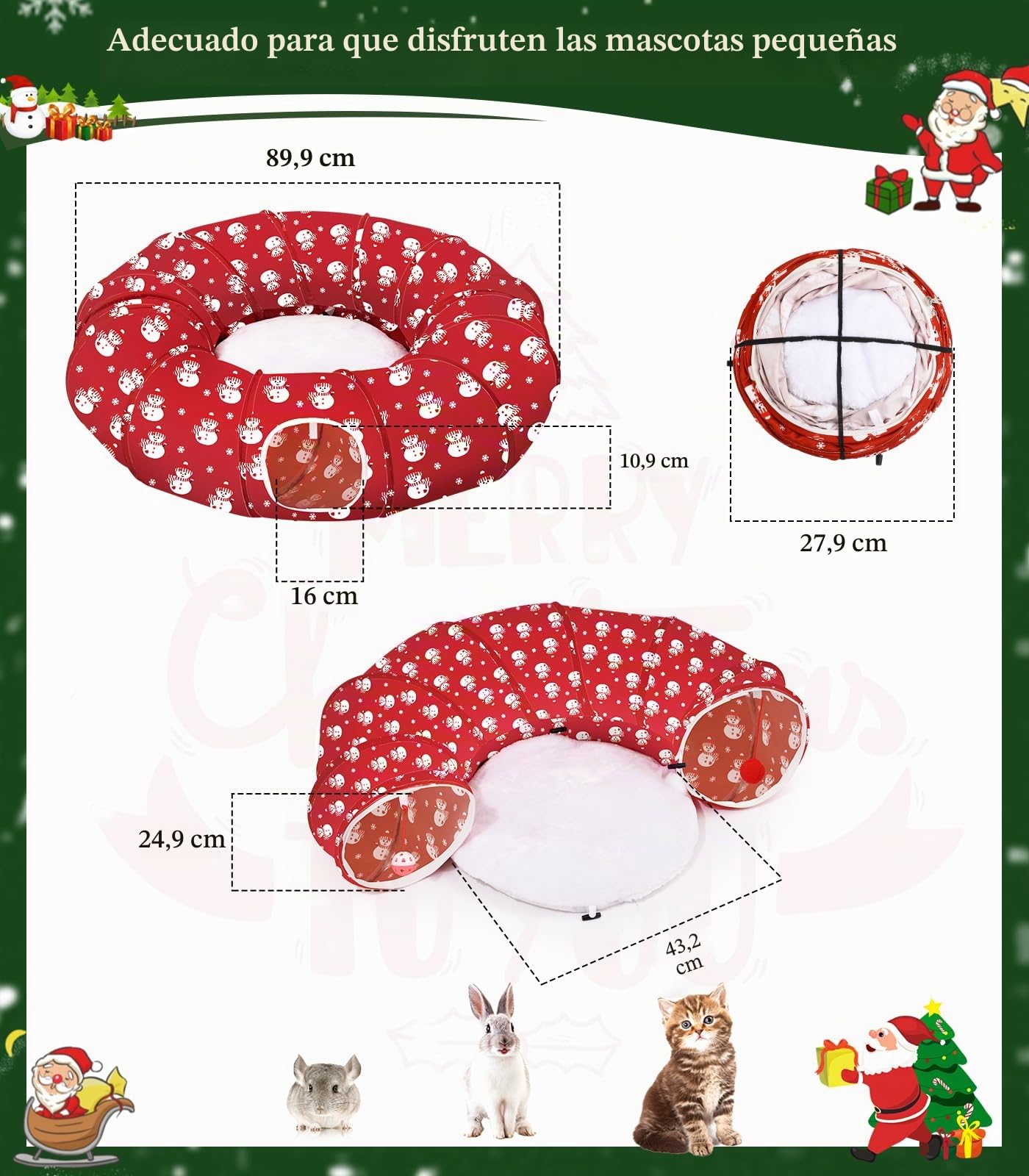 Pawaboo Túnel para Gatos Navidad, Túnel Plegable con Cama para Gatos de Diámetro 90cm con Juguete de Bola de Peluche, Túnels Redondo Plegable para Gatoss Mascotas Pequeñas, Rojo+Muñeco de Nieve