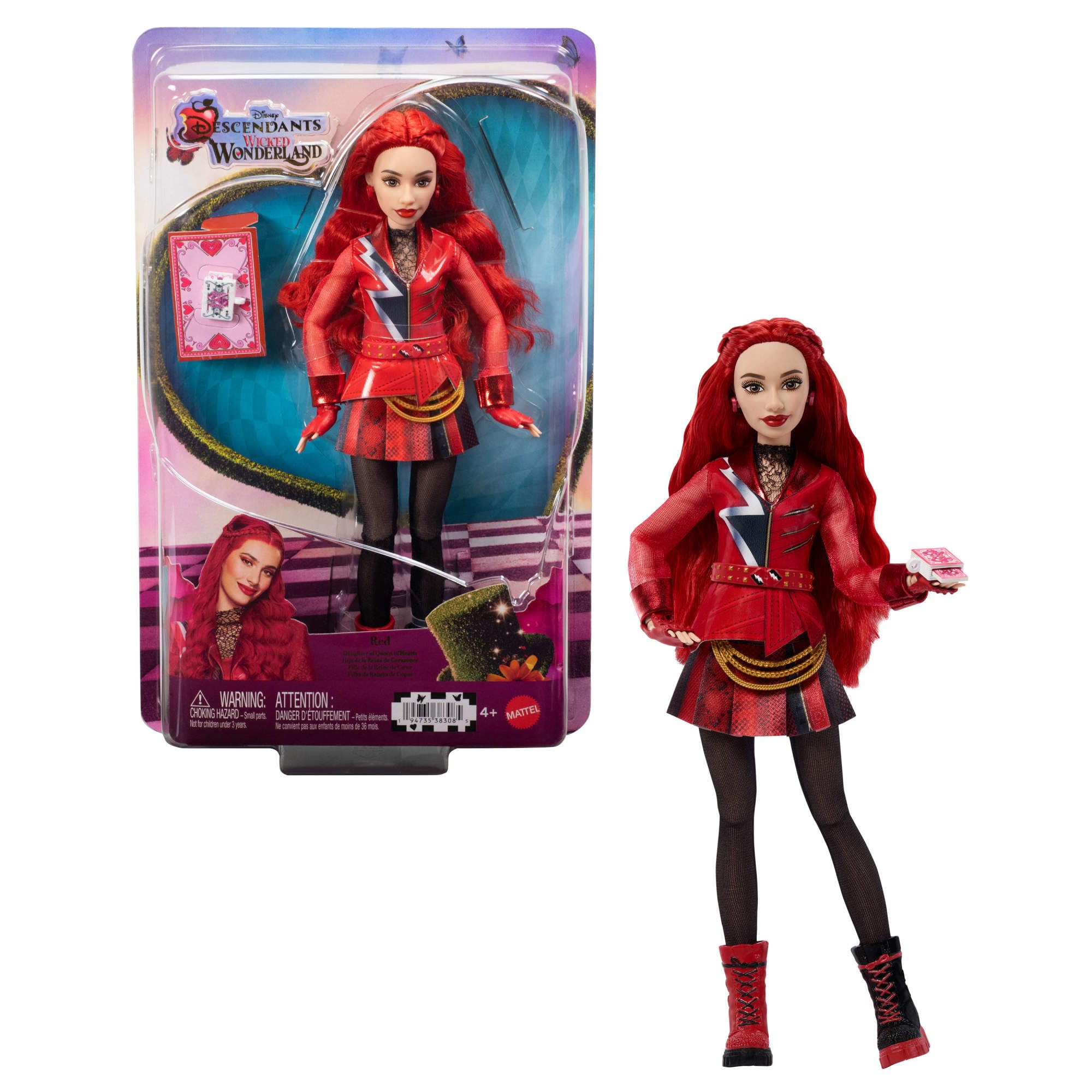 Mattel Disney Descendants: Wicked Wonderland - Red figlia della Regina di Cuori, bambola ispirata al film con abito rosso e nero e accessori rimovibili inclusi, JMP45 | Bambola alla moda figlia della Regina di Cuori con abito rimovibile e mazzo di carte,