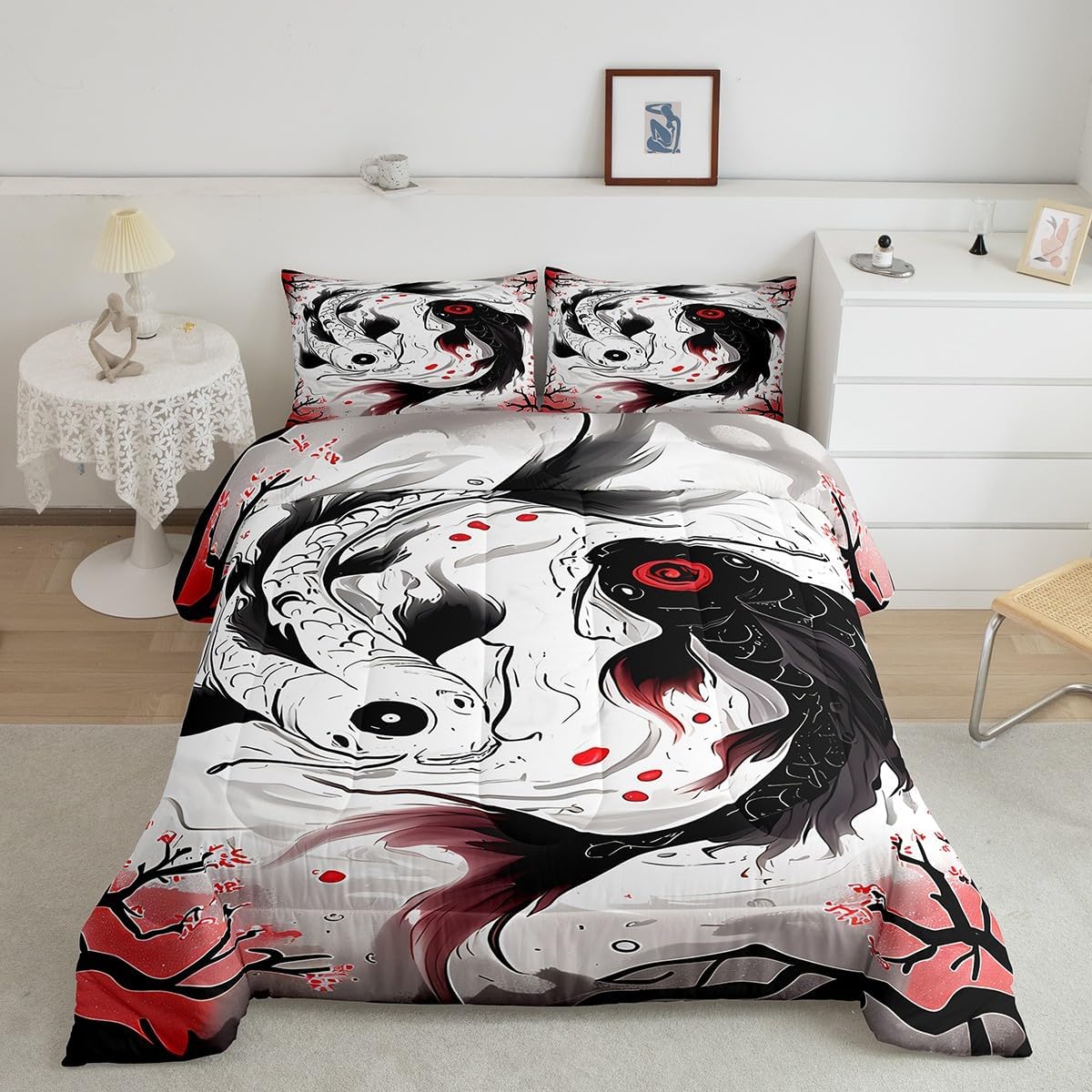 Feelyou Kids Japanese Koi Fish Comforter Set King Size Yin Yang Bedding Set Boys Girls Cherry Blossoms Comforter Japanese Style Japanese Ukiyoe Theme Quilt Set