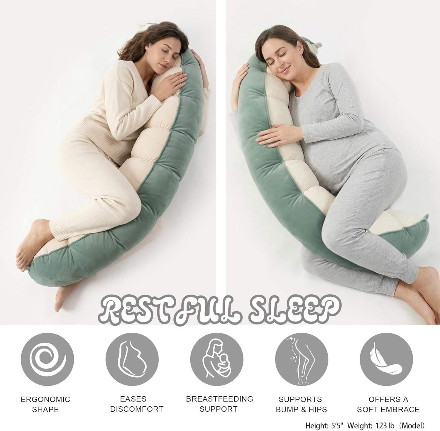 Peallow(Pat. Pend) – Long Round Body Pillow for Adults, Bolster Pillow for Sleeping, Soft and Supportive Pillow for Sleeping & Lumbar Support (Green-White, 59")