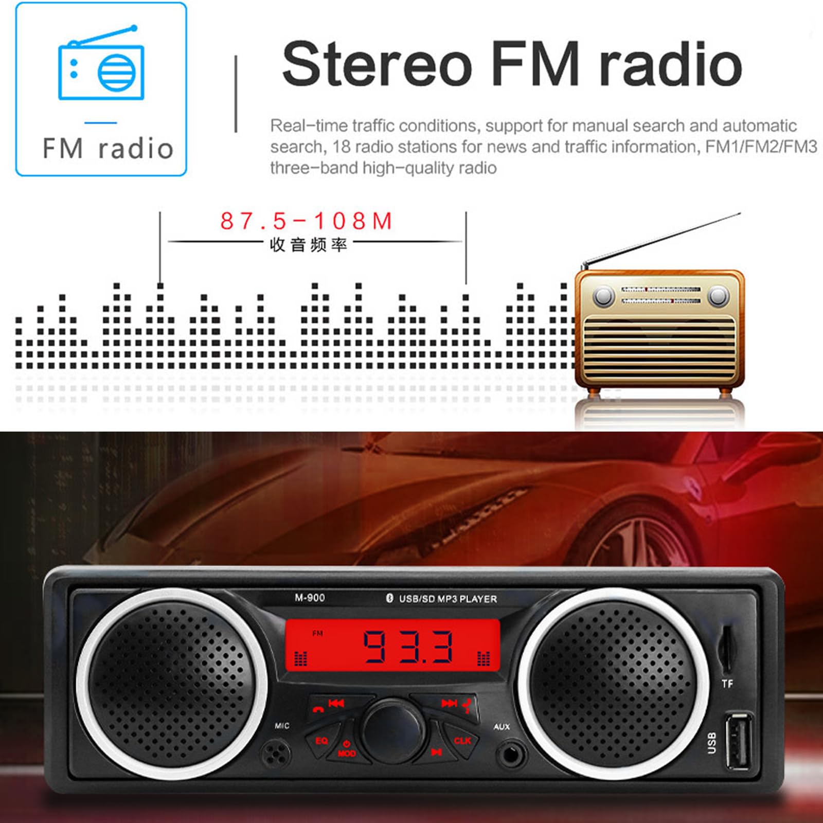Samochodowe radio Bluetooth 1 Din 12V-24V z dwoma wbudowanymi głośnikami | Samochodowe stereo samochodowy odtwarzacz multimedialny FM z portem USB AUX-in na kartę TF Auto radio