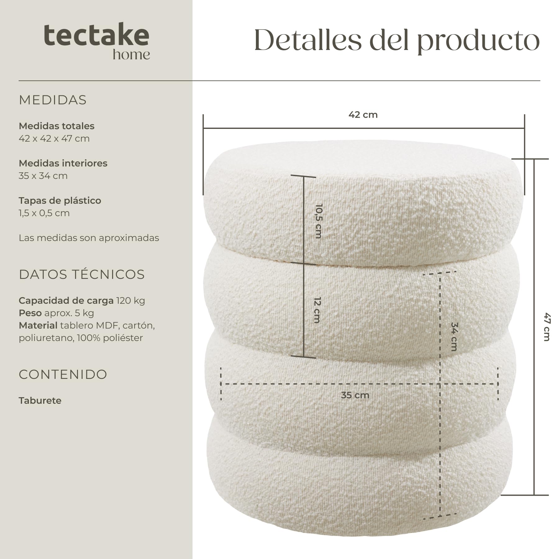 tectake® Taburete Almacenaje Bouclé, Carga: 120 kg, MDF, Puff Almacenaje, Taburete Dormitorio, Reposapies Puff, Zapatero Entrada Recibidor, Asiento Acolchado, Ideal Salón Hogar - 42 x 47 cm Crema