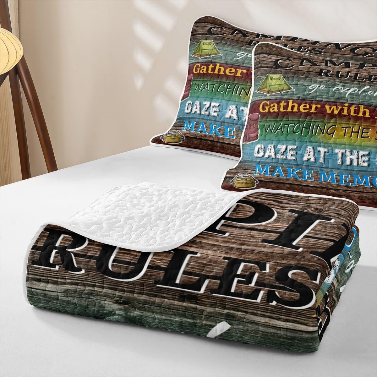 Camping Rules Queen Quilt Bedding Set Camper Quilted Comforter Rustic Cabin Camping Bedspread Coverlet Vintage Wooden Plank Farmhouse Quilted Blanket for Hot Sleepers Room Decor for Teen Girls