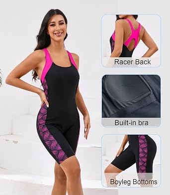 Halcurt Women's Boyleg 1 Piece Swimsuits Athletic Racerback Bathing Suit