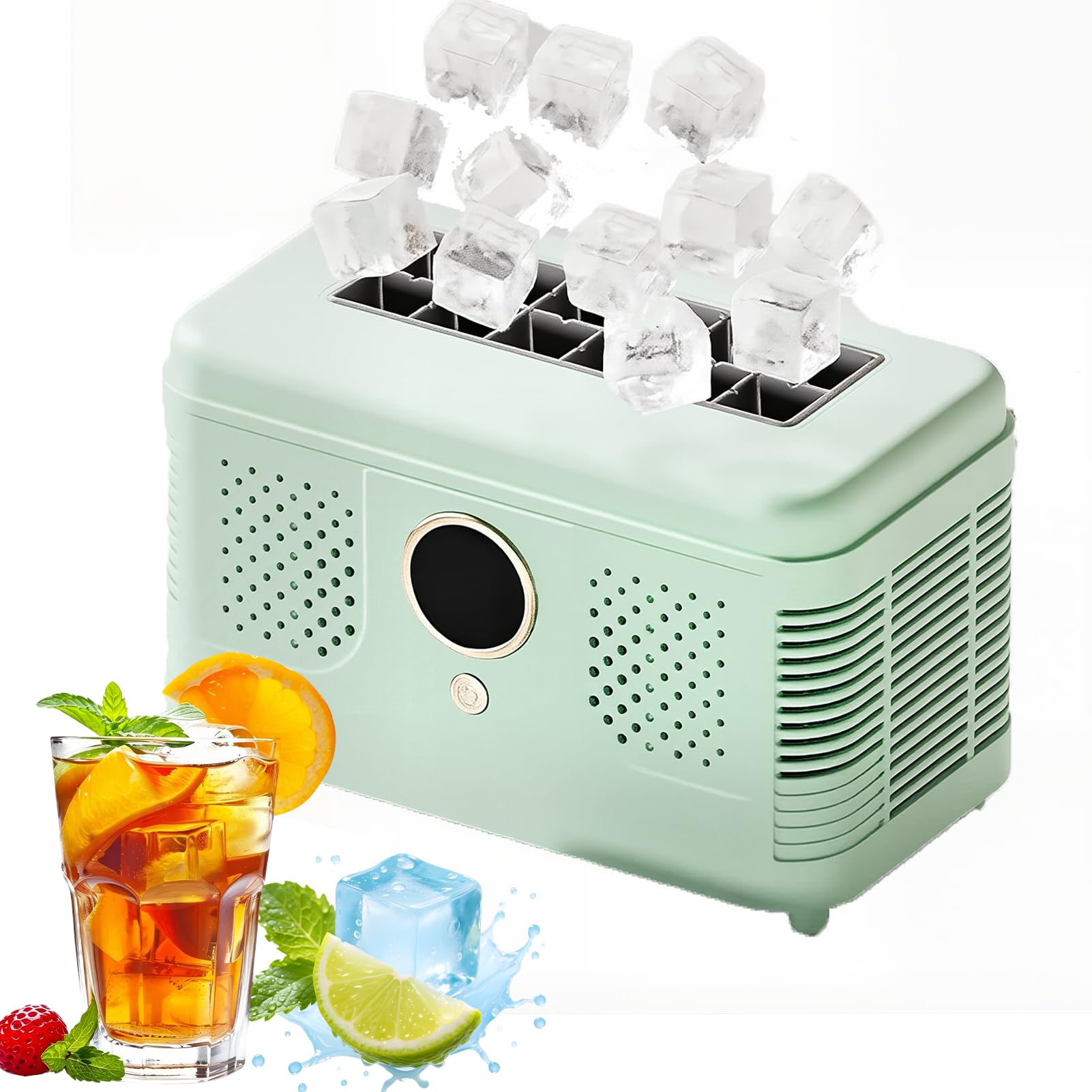 Mini máquina de hielo portátil, máquina de cubitos de hielo de encimera de 150 W con doble potencia de 12 V/CA, hace 12 cubos en 15-20 minutos para el hogar, oficina, camping, caravana y viajes