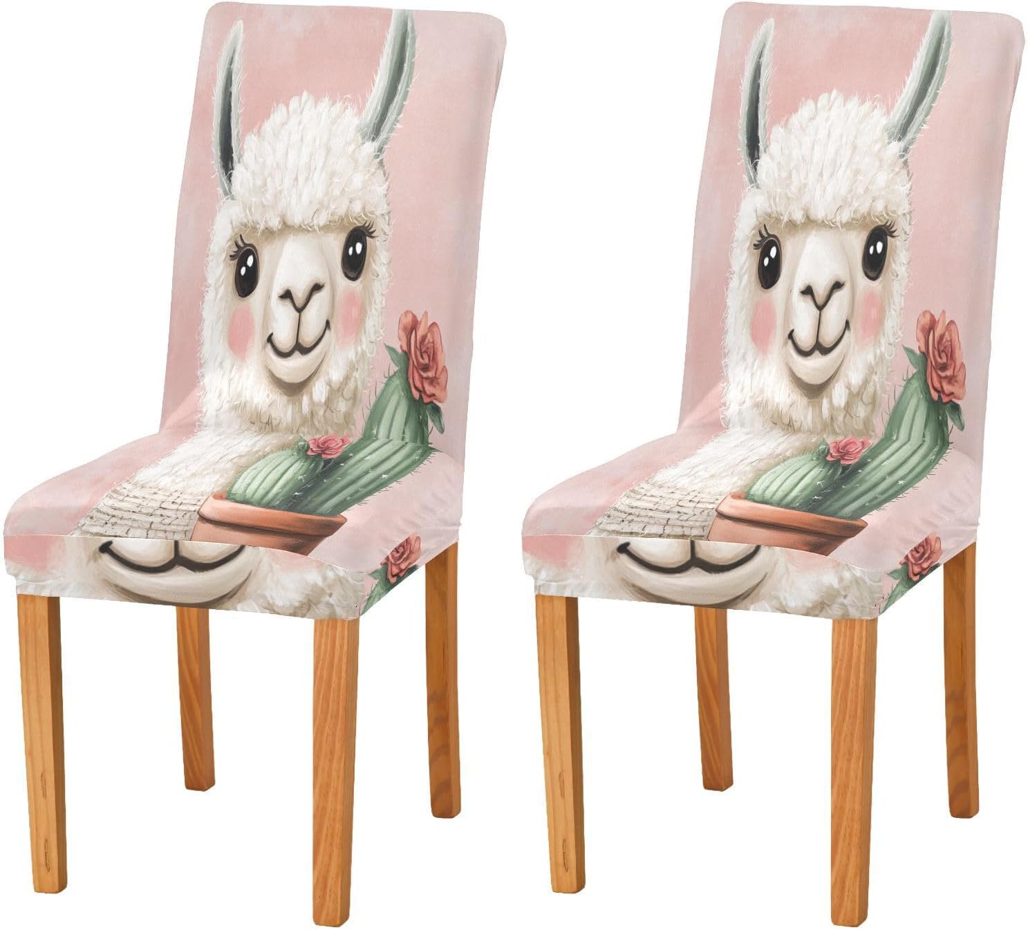 ALAZA Chair Covers for Dining Room, Cute Llama with_Cactus on Pink Stretch Chair Cover Sets Chair Protector Removable Washable for Ktichen Restaurant Hotel