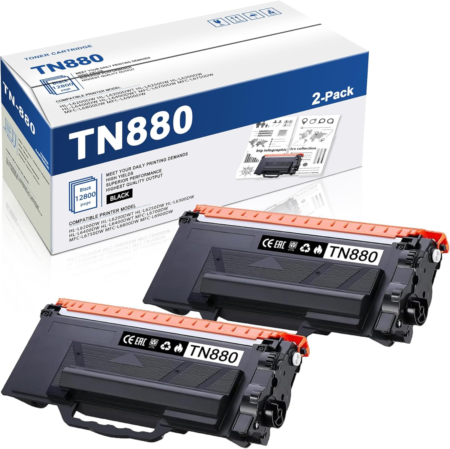 TN-880 Toner Replacement for Brother TN-880 Black Super High Yield Toner Cartridge HL-L6200DW HL-L6200DWT HL-L6400DW HL-L6400DWT MFC-L6700DW MFC-L6750DW MFC-L6900DW Printer Toner (2 Pack, Black)