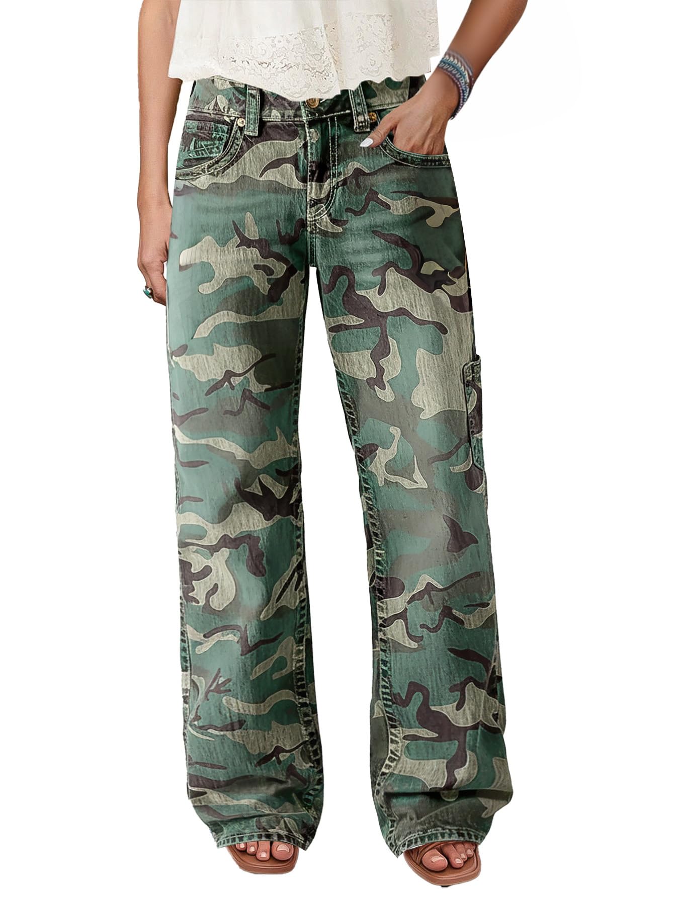 Flamingals Straight Leg Jeans for Women Mid Rise Casual Wash Floral Embroidery Denim Pants
