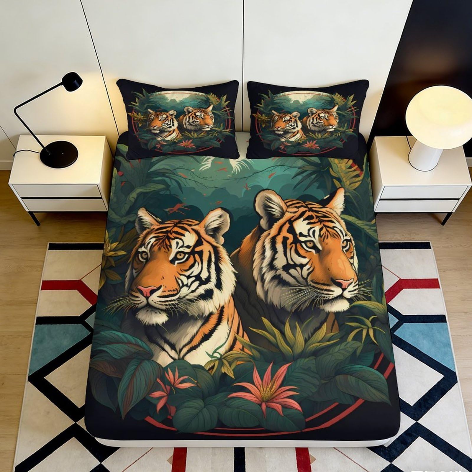 3D Printed Jungle Tiger Fitted Sheet Microfiber Deep Pocket Bedroom Bedding Jungle Tiger Mattress Fitted Cover Non-Slip Washable 120x200x25cm