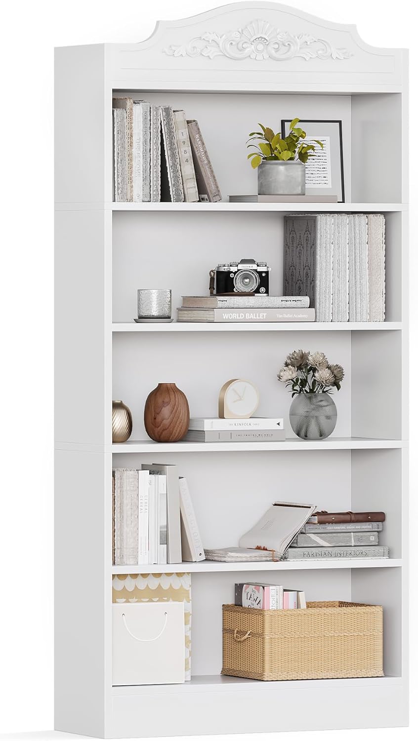 LITTLE TREE 5-Tier Bookcase with Storage, 73-Inch White Bookshelf, Modern Open Storage Shelf, Book Shelf for Living Room, Bedroom, Home Office