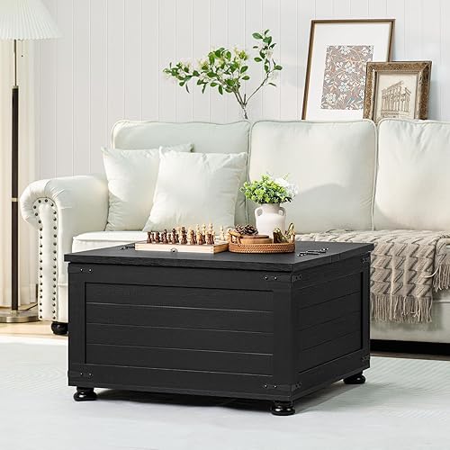 Miniatura 2 de Mesa de centro de granja con almacenamiento oculto, mesa cuadrada de centro de madera para sala de estar, grandes mesas rústicas de cóctel con tapas