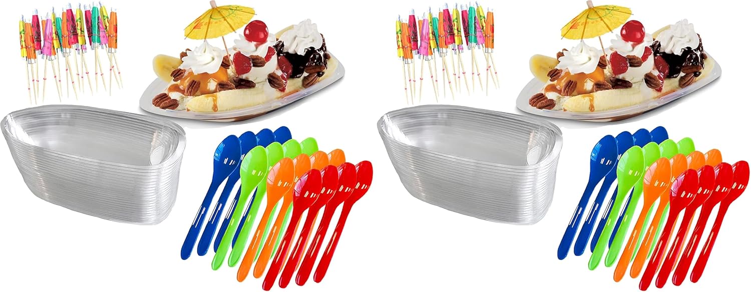 Outside the Box Papers Clear Plastic Banana Split Boats 12 oz.Disposable Dish - Paper Umbrellas - Eco Friendly Plastic Spoons- 16 Each (Pack of 2)