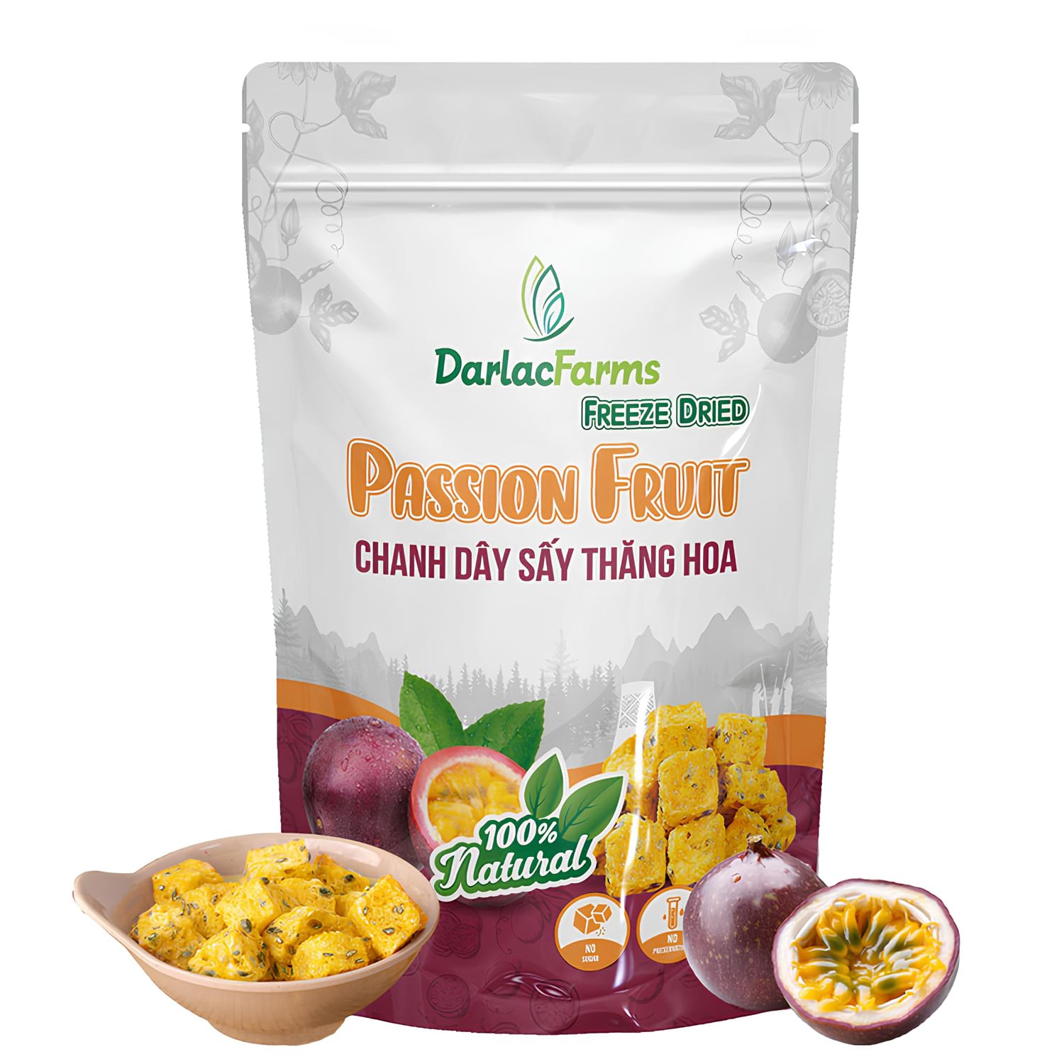 DARLAC FARMS Freeze Dried Passion Fruit Cubes, 2 Oz Pack 1, No Sugar Added, Healthy Fruit Snacks for Kids, Adults & All Ages, Premium Organic Crispy Crunchy Snacks, Tea, Baking, Smoothie, Yogurt, 2 Oz