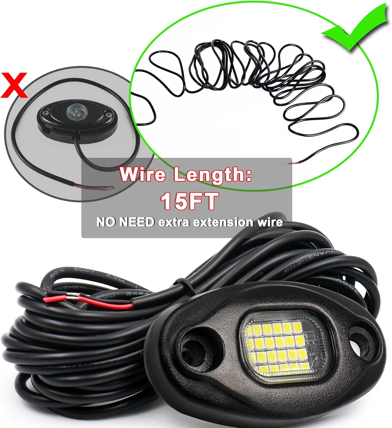 Rock Lights for Trucks & Off-Road Vehicles - 15ft Cables, IP68 Waterproof, Aircraft Aluminum, 6000K Pure White Lights Universal Fit for Jeep, RV, UTV, ATV, Boat, Tractor