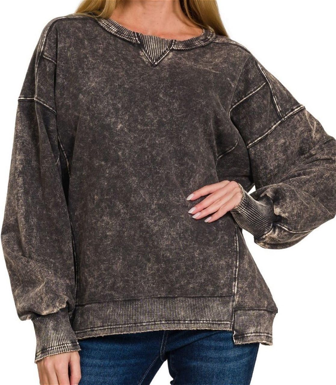 BluNight Collection Women Long Sleeve French Terry Cotton Wash Pullover Sweater Sweatshirt Blouse