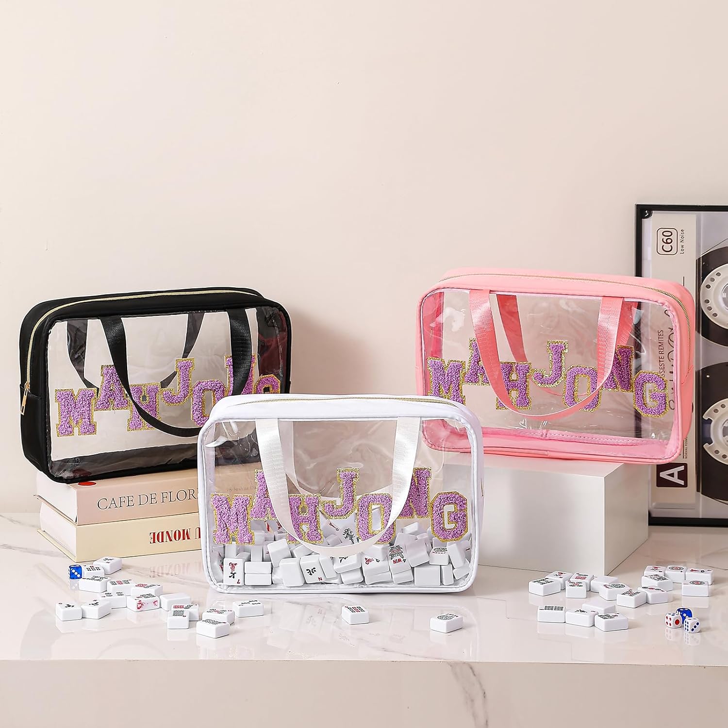 RSRSLEII Empty Mahjong Bag, Suitable for 1.2 "(30mm) Standard Size American Mahjong Tiles, Transparent Chenille Letters Mahjong Tile Bag with Zipper and Handle, Clear Mahjong Case,Case Only (01Pink)