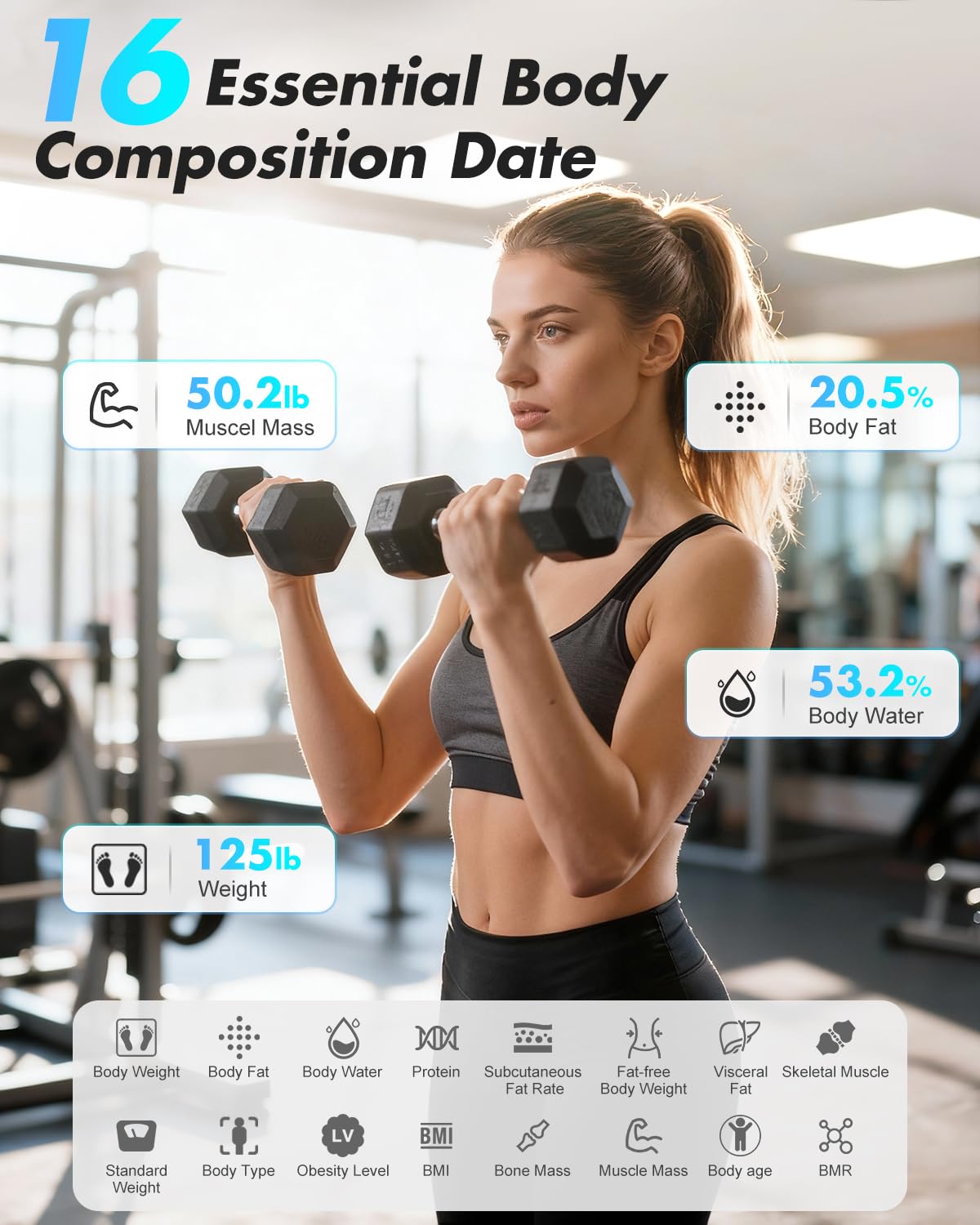 INSMART - Bilancia intelligente per peso corporeo e percentuale di grasso, bilancia accurata Bluetooth con ampio display, 16 pesate composizione corporea, bilancia da bagno sincronizzata con app