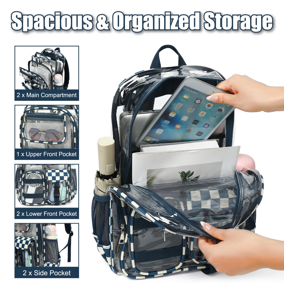 Transparenter Rucksack für Jungen und Mädchen, strapazierfähig, transparente PVC-Tasche für Schule, Reisen, Arbeit und den täglichen Gebrauch, Kariertes Marineblau, 16.5x6.30x11.80 inches