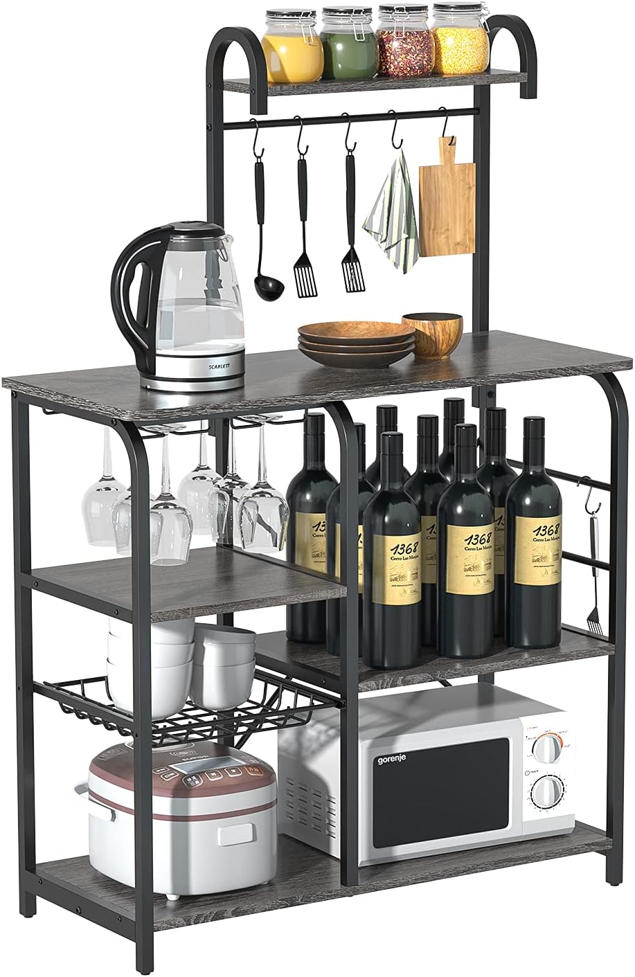 Kitchen Baker's Rack, Vintage Kitchen Shelf, Microwave Stand with 6 S-Hooks, Pull-Out Wire Basket & Wine Glass Rack, 3-Tier + 4-Tier Coffee Station for Kitchen, Office, Bathroom, Living Room (Black)…