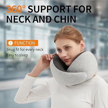 Travel Neck Pillow for Airplane Memory Foam 360 Support Compact Design Ergonomic Flight Pillow for Sleeping & Neck Support Portable Travel Pillows for Adults, Car, Office Home (Grey)