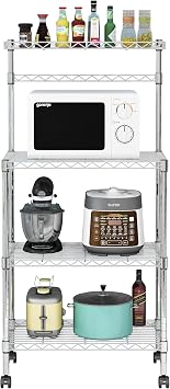 Bakers Rack with Wheels, 4-Tier Rolling Kitchen Storage Rack, Small Microwave Stand Cart with Hooks, Carbon Steel Bakers Shelf 23.6x13.8x47.2, Silver