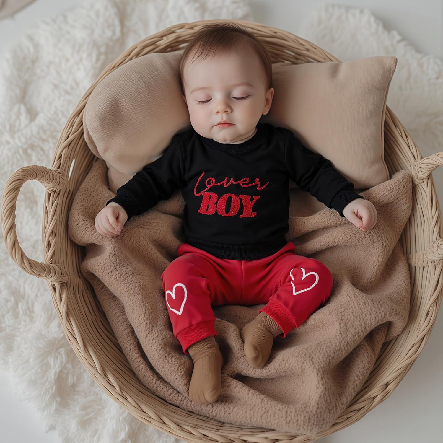 Karuedoo Toddler Baby Boy Valentines Day Outfit Lover Boy Embroidery Crewneck Sweatshirt and Pants Set Spring Clothes - Image 2