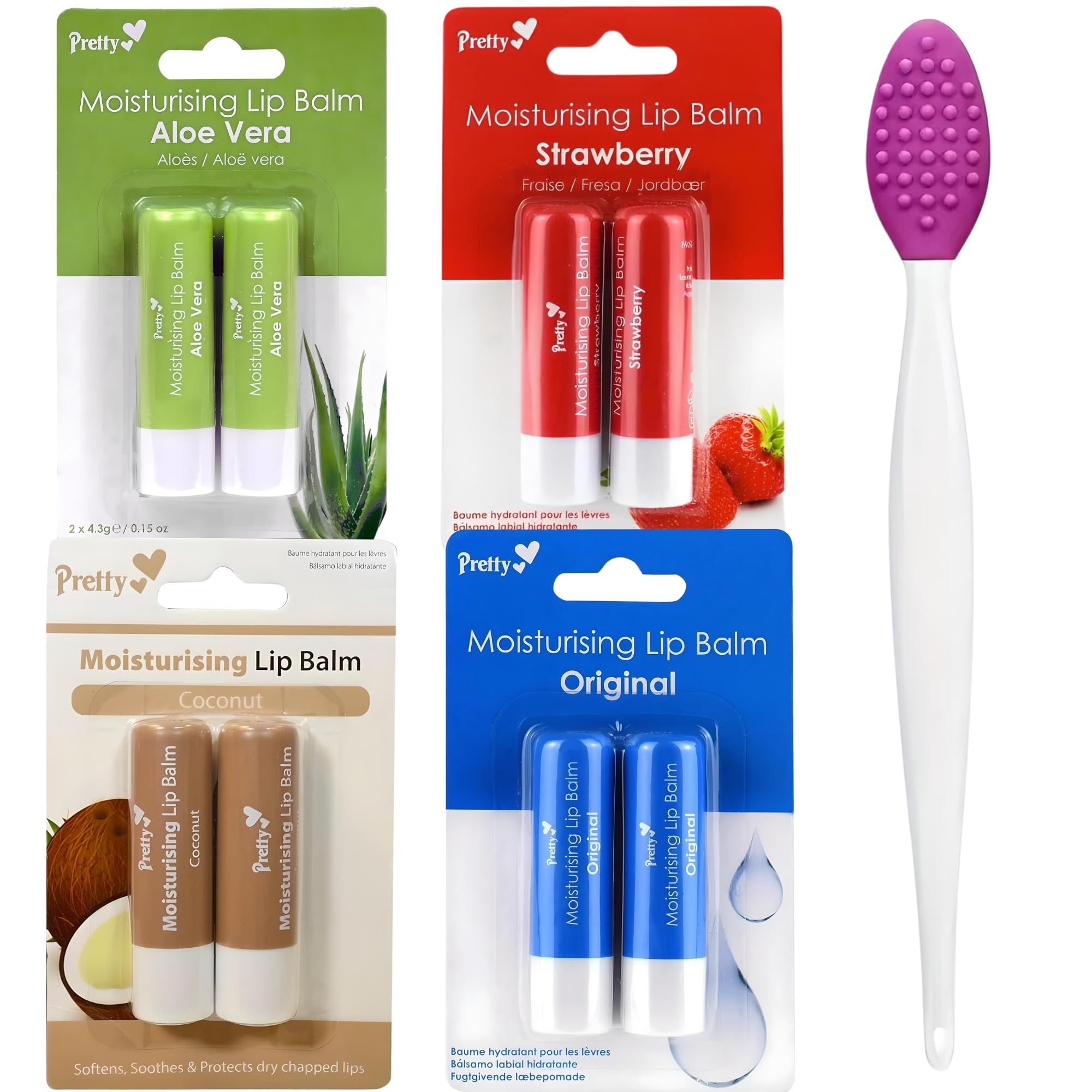 #1 Lip Care Bundle: Pretty Lip Balms Multi Pack (8 Pack) – Lipbalm for Dry Cracked Lips | 2 x Aloe Vera, 2 x Strawberry, 2 x Original, 2 x Coconut | Lip Salve Lip Balm Pack + Lip Brush Bundle