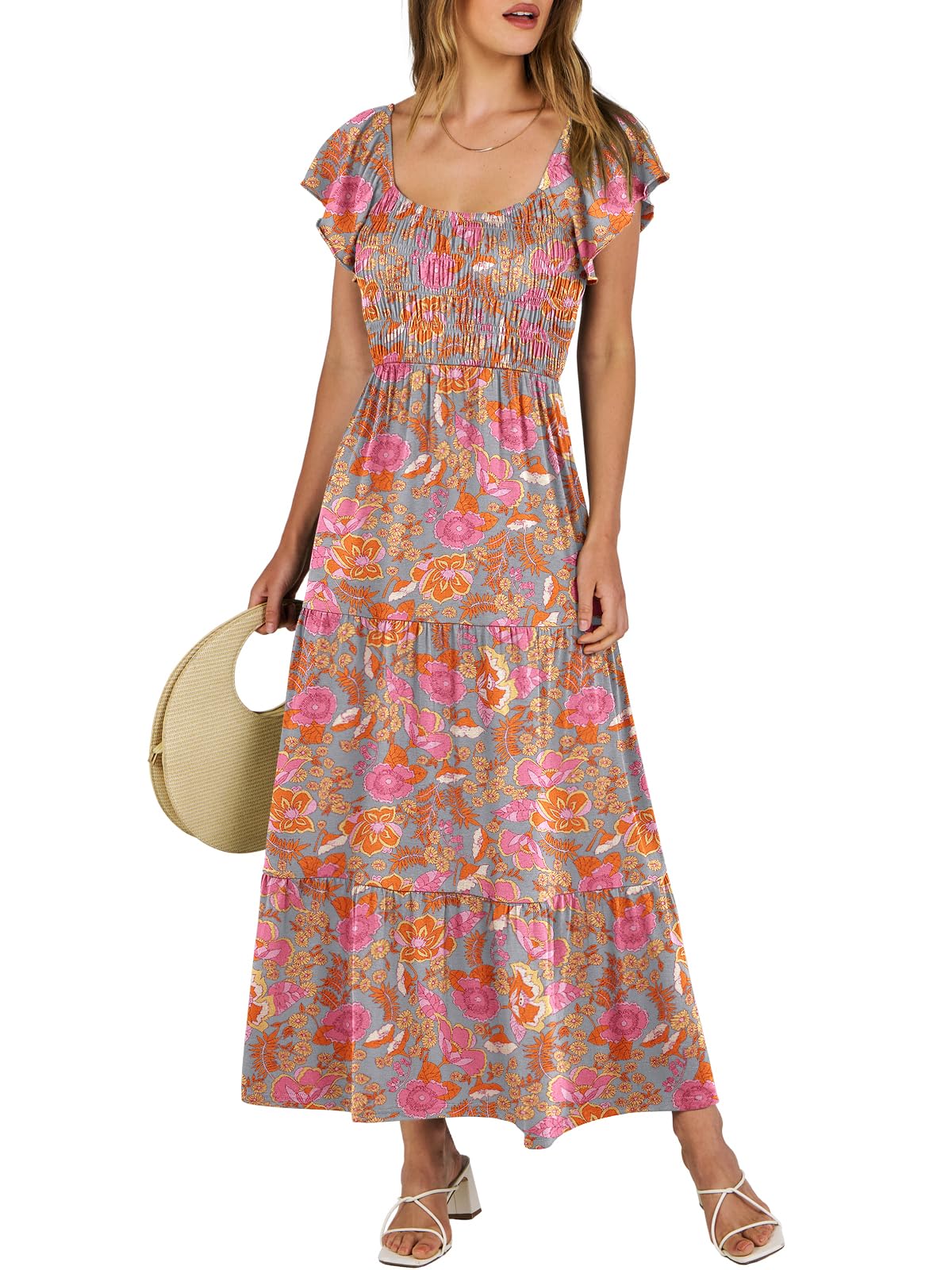 ANRABESS Women’s Casual Summer Maxi Dress Flutter Short Sleeve Scoop Neck Smocked A Line Flowy Beach Vacation Long Dresses