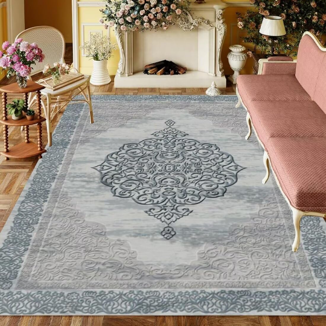 Tapis lavable gris-bleu grand tapis salon doux motif rétro durable