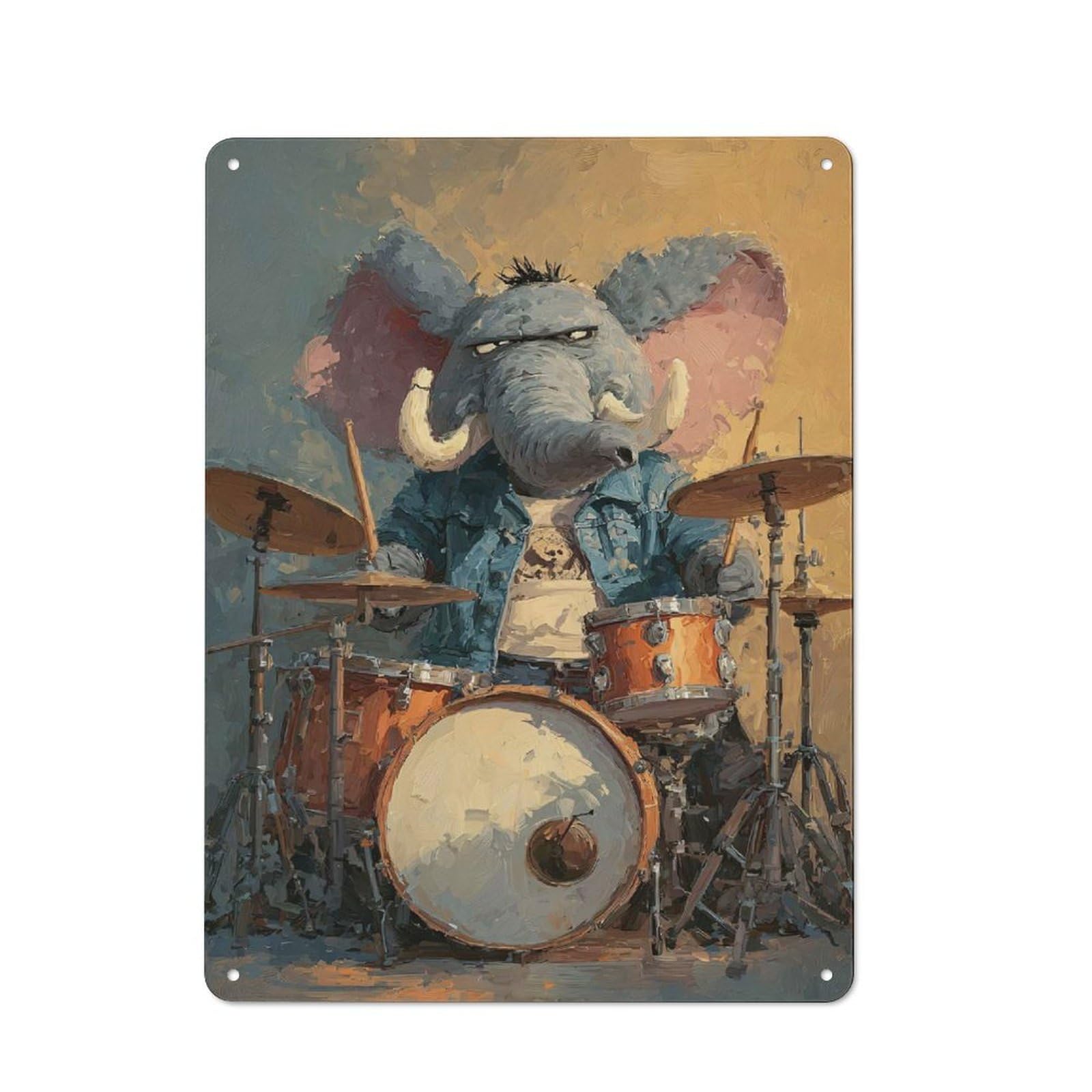 Junmoney Style-1 Metal Sign 40X30cm With Elephant Drummer With Attitude For Workshop Wall, Vintage Decor, For Vintage Wall Decor Fans, For Metal Sign Collectors