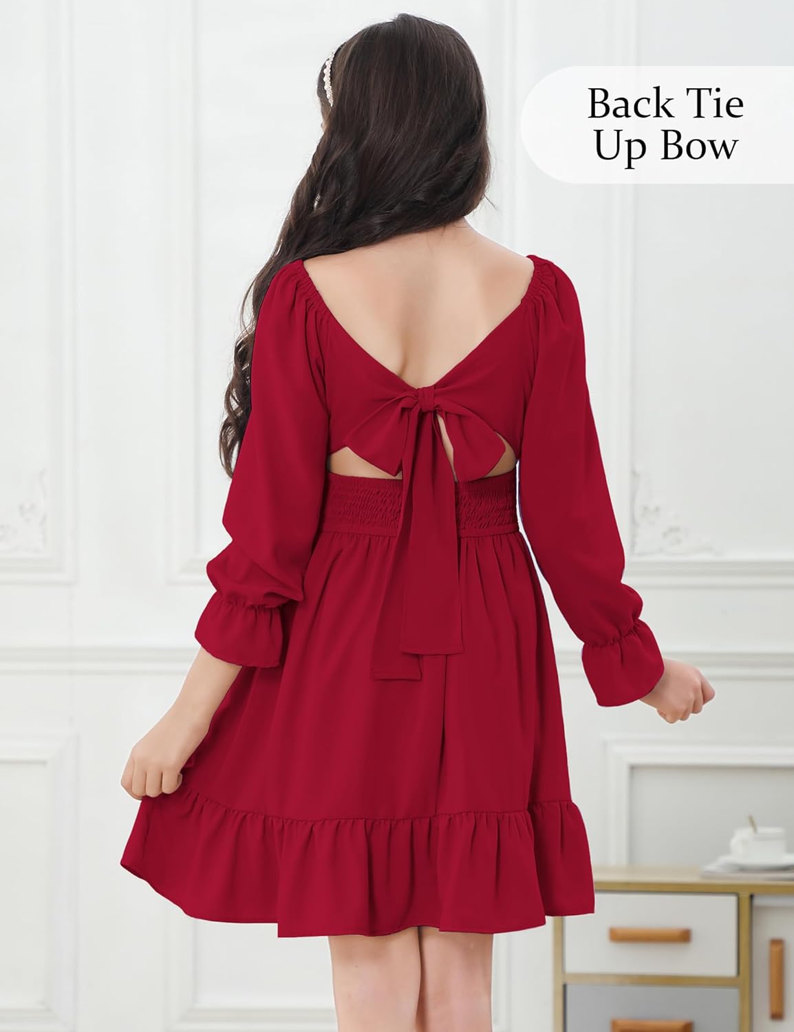 Durio Girls Dresses for Teens Girls Tie Back Off Shoulder Dress Cute Long Sleeve Dress Easter Kids School Party Dance Dresses - Image 2