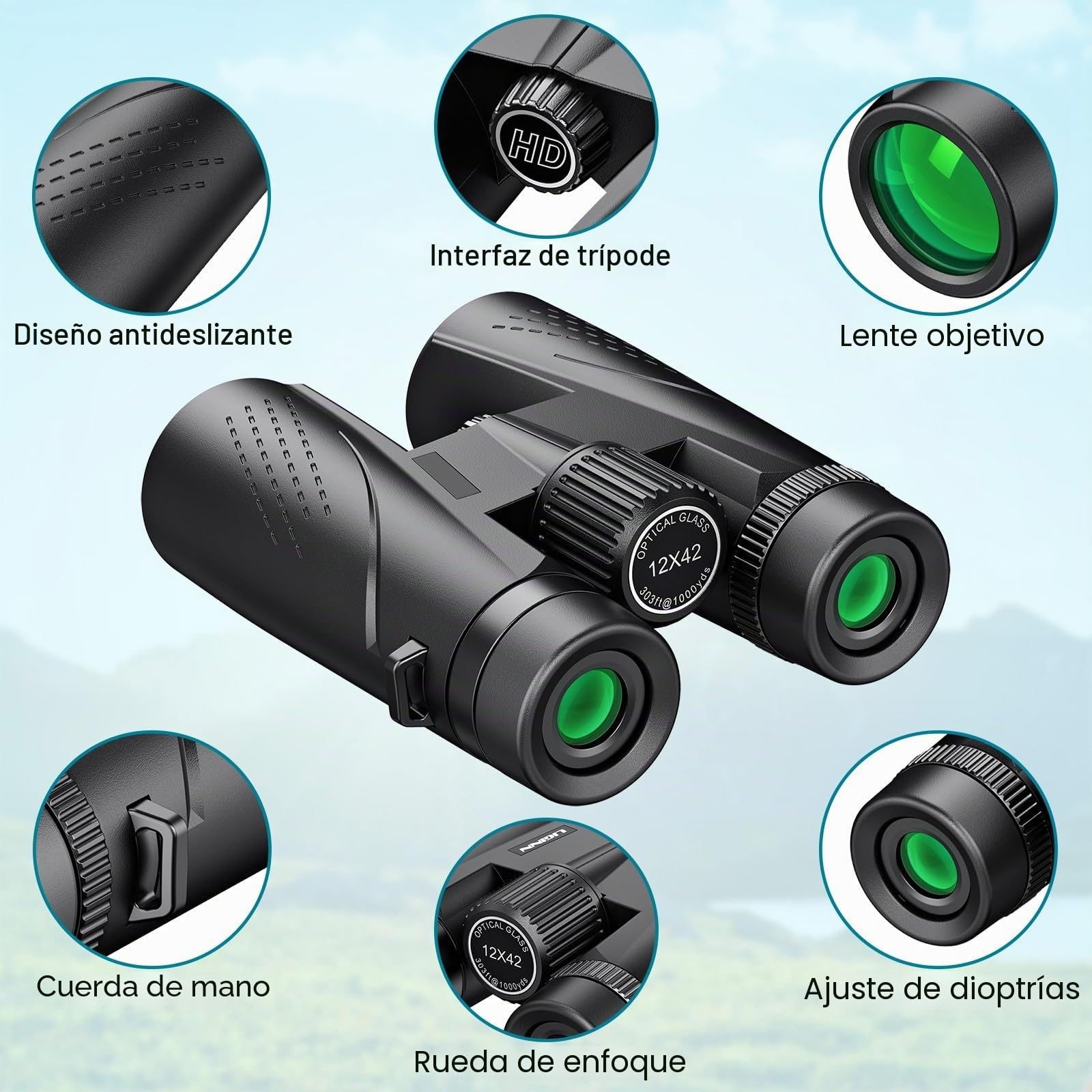 Prismáticos 12x42 para Adultos, Prismáticos HD Impermeables con Prisma BAK4 y Lente FMC, Telescópicos Portátiles para Observación de Aves Fútbol Escalada y Conciertos