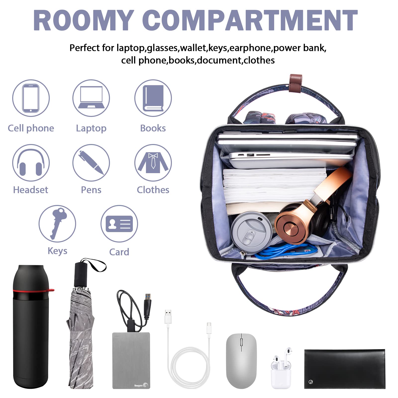 VANKEAN Sac à Dos pour Ordinateur Portable Femme 15,6 Pouces | Élégant Ordinateur Travail Sac à Dos Hydrofuge Casual Daypack, School Business Travel, Floral