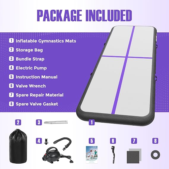 Inflatable Gymnastics Mat - 10ft/13ft/16ft/20ft/Air Tumbling Track Mat - 4/8 Thick for Home, Training, Cheerleading, Yoga, Water - Pump Included