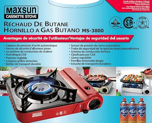 Miniatura 9 de Maxsun - Estufa de gas portátil MS3800 (rojo), 9,560 BTU de alta potencia, estufa de campamento, para exteriores e interiores, con estuche de