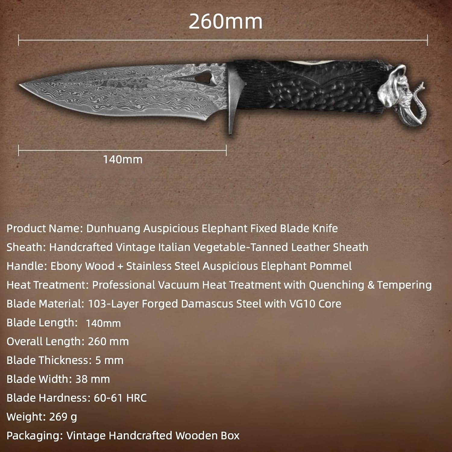 Damascus Steel Knife, HRC61, Pocket Knife for Men, Fixed Blade, Hand Forged Damascus Steel Blade, Hand-Carved, Vegetable Tanned Leather Sheath, Ebony Handle, Outdoor Gift for Dad who Loves Camping
