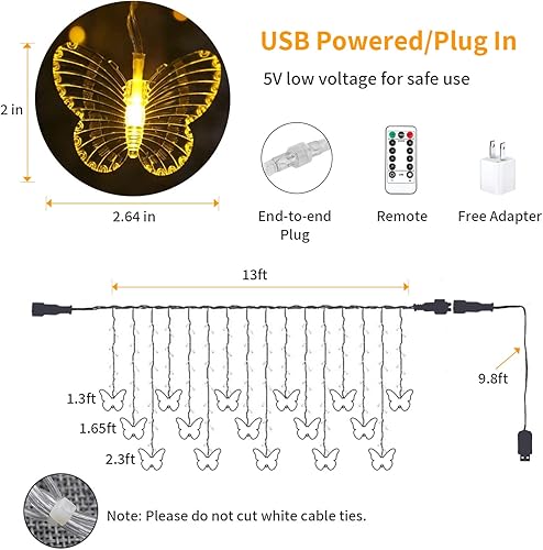 Miniatura 6 de YOLIGHT Cortina de luces de mariposa de 13 pies, 96 luces LED, 8 modos de luces con control remoto, decoración colgante de mariposa para habitación
