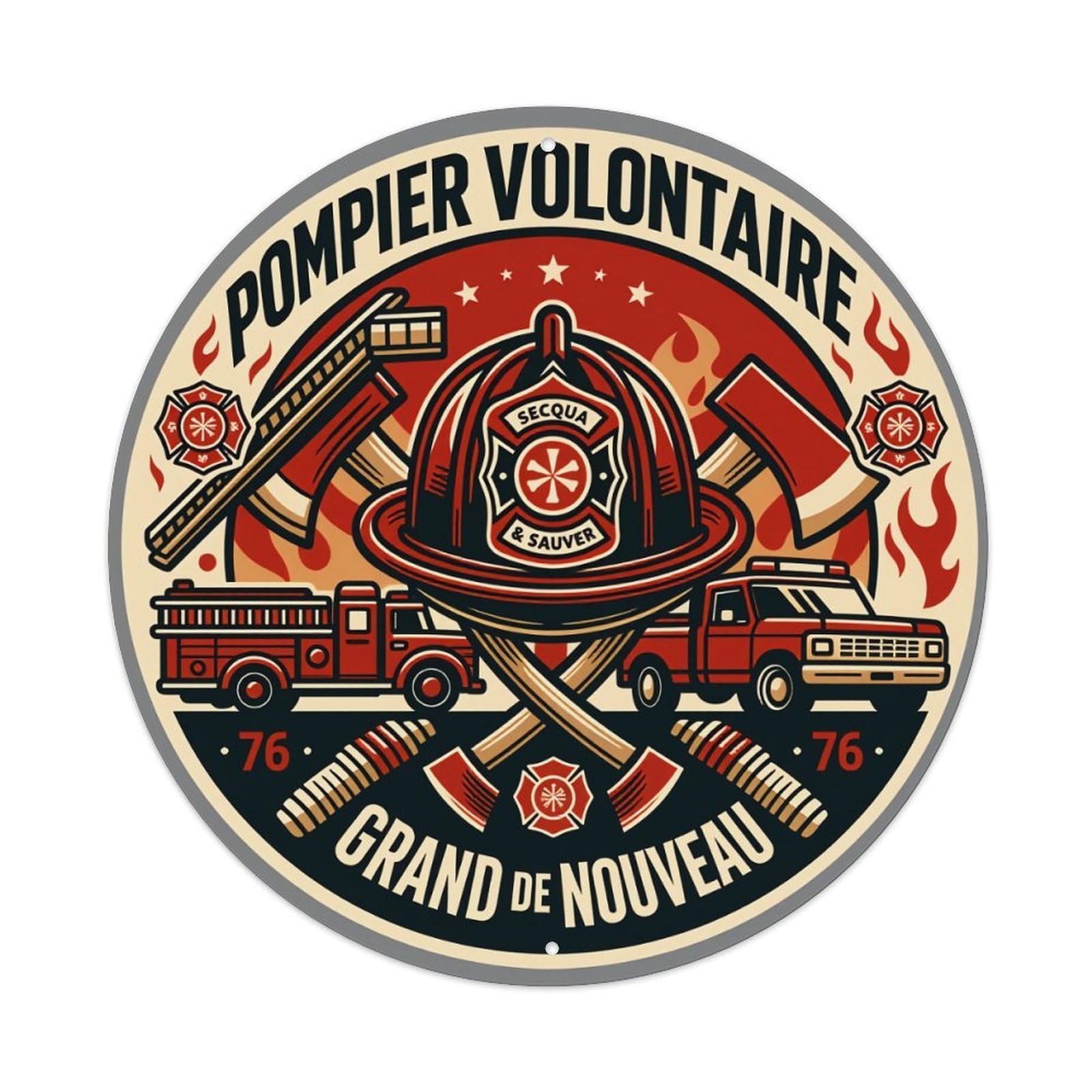 Firefighter Helmet Axe Truck Flames Round Tin Sign Vintage Style Metal Sign Home Bar Garden Wall Plaque Decor Metal Poster 8x8 Inch