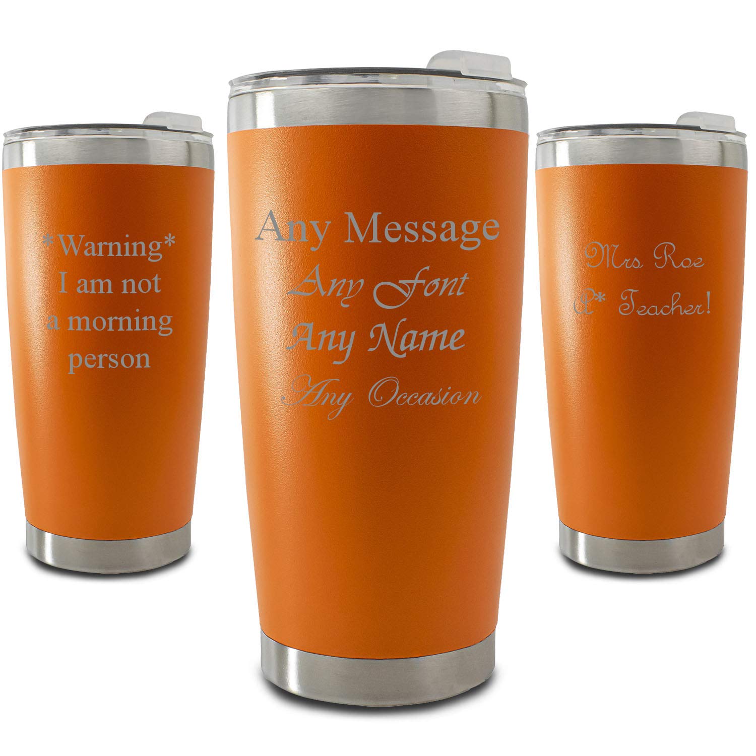 Personalisierter, gravierter, orangefarbener 500-ml-Reisebecher, personalisierbar mit jeder Nachricht, Auswahl aus verschiedenen Schriftarten, inklusive Geschenkbox, Lasergravur