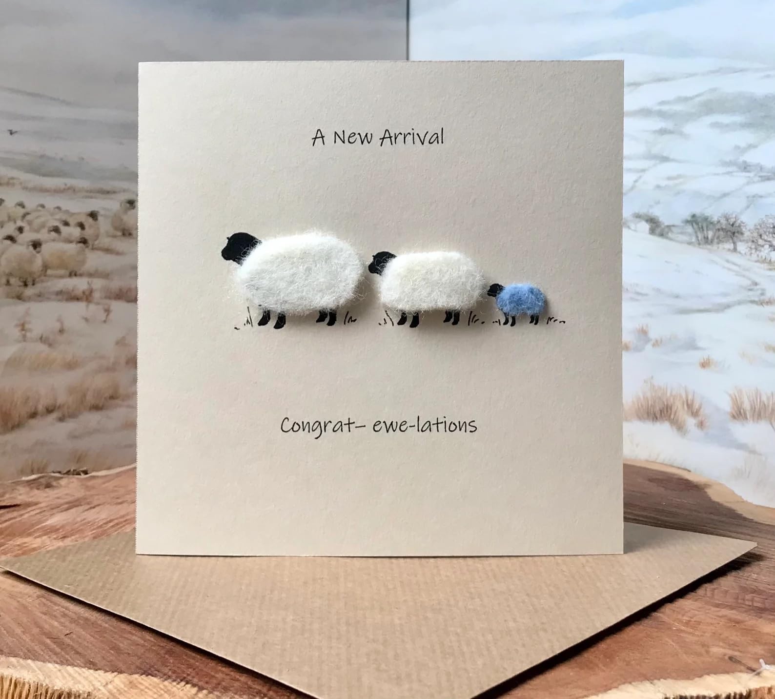 New Baby Boy Card – Handmade Sheep Design, Real Wool, Cute & Funny, Newborn Congratulations, Baby Greetings, New Parents Gift, Blank Inside with Brown Envelope – 140mm x 140mm