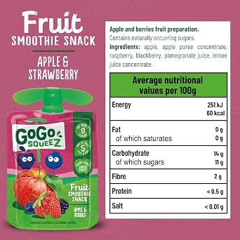 GoGo squeeZ Fruit Pouches, Apple Berries 20x90g, No Added Sugar Kids Snacks