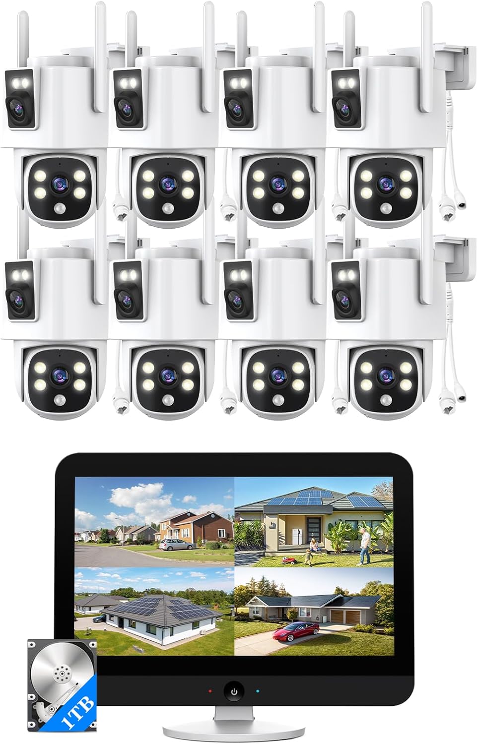 Wireless Outdoor Security Camera System, Wkkengd Dual Lens Dual Screen Auto Tracking 8 Home Surveillance Camera Set 12.5" Monitor 1TB 10CH NVR Color Night Vision 2 Way Audio Wi-Fi 6 Alexa Compatible