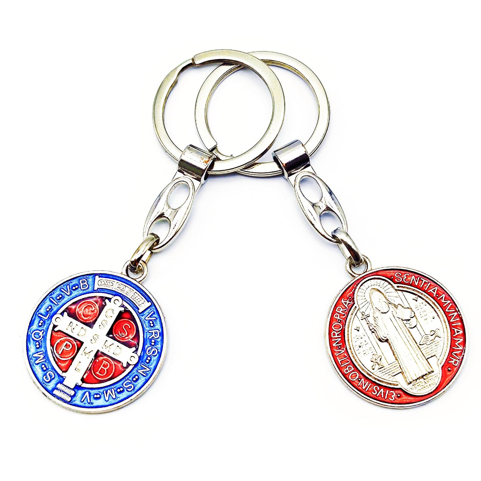Saint Benedict Keychain, 2pcs St Benedict Medals Red and Blue for Car Llaveros para Carros Religious Cross Llaveros de Hombre Regalos para Mujer Car Rosary St Christopher Medalla