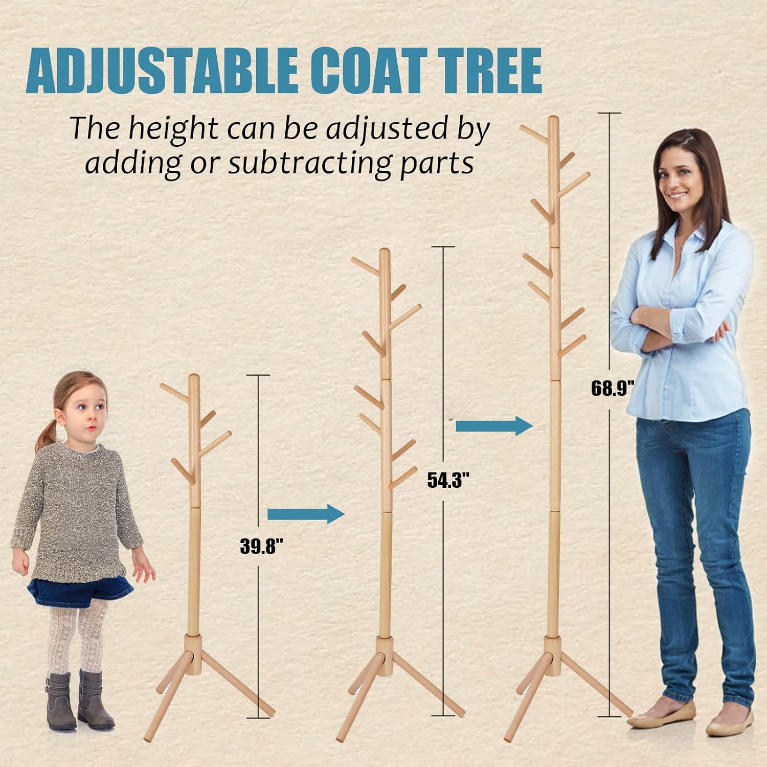 Sewarmary Wood Coat Rack Freestanding, Adjustable Hall Tree Coat Rack Stand with 3 Sections & 8 Hooks Easy to Assemble , Kids Coat Hanger Rack Entryway Corner Office Clothes Rack (Nature-Triangle)