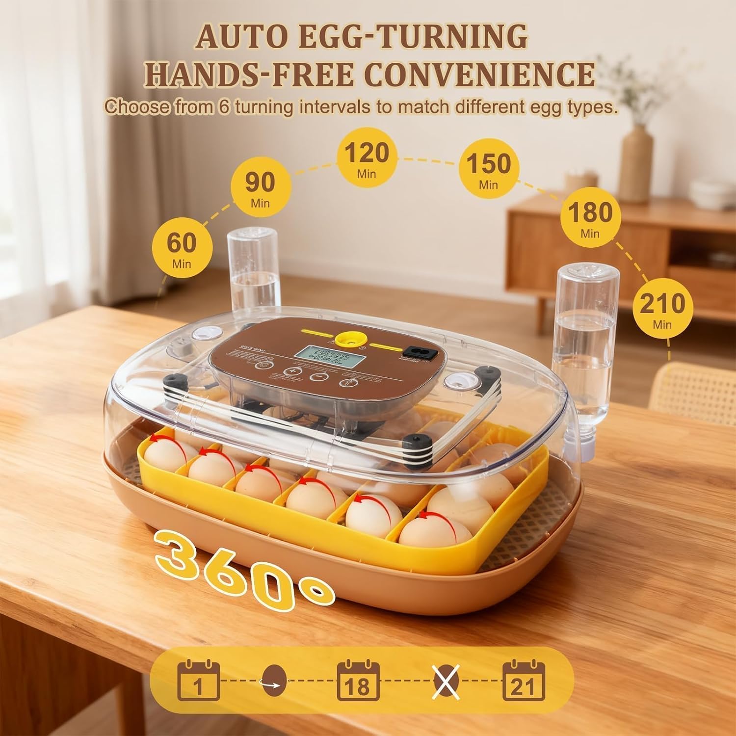 Series III - 24 Egg Incubator for Hobbyists, Full-Stage Adaptive Humidity (Dual-Bottle) & Temp Control, Custom-Interval Auto Turn & Auto Stop, Preset Incubation Days, Adjustable Egg Spacing